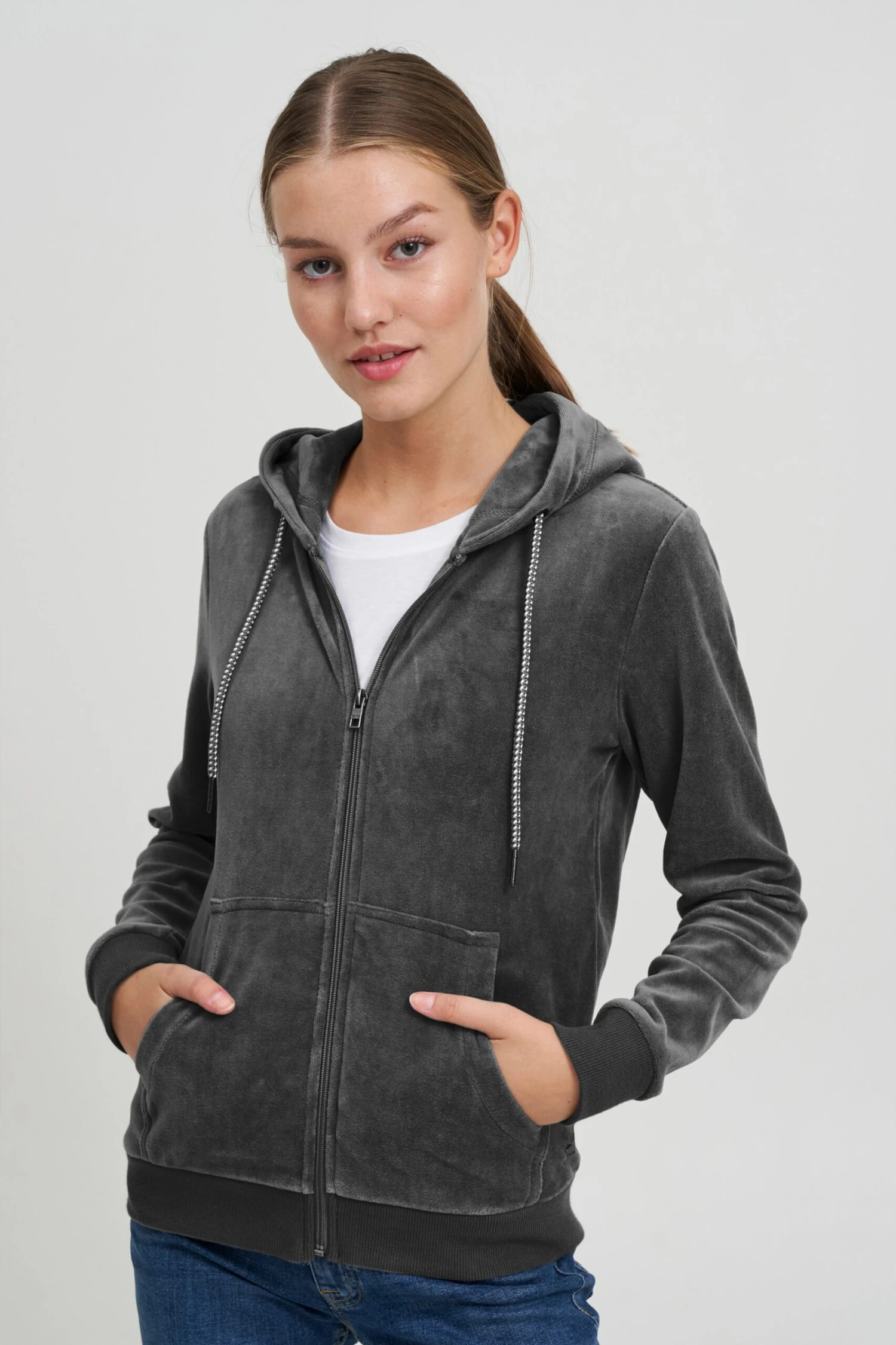 OXMO Sweatjacken Kapuzensweatjacke NICKY Frauen Grau / Dunkelgrau – Bild 2